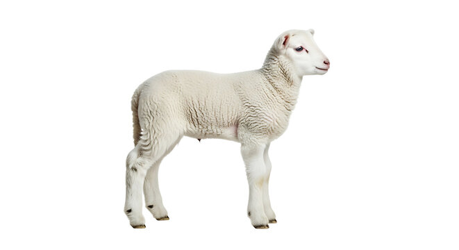 A young, fluffy white lamb stands calmly on a pristine white background. This adorable farm animal embodies innocence, new life, and the gentle spirit of nature