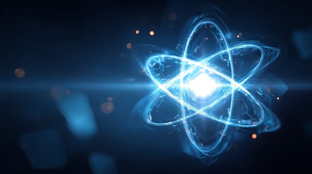 Glowing blue atomic structure radiates energy against a dark.