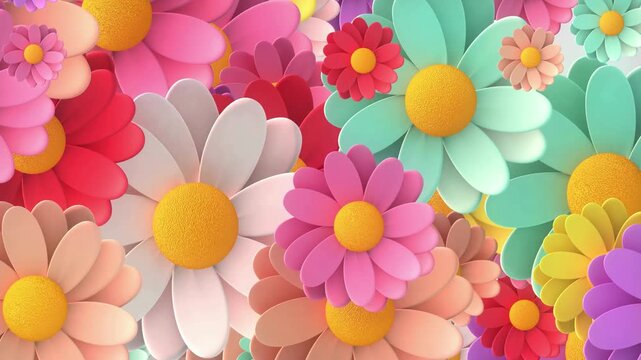 Isolated pink, white, yellow, and purple flowers including daisy, chrysanthemum, and cosmos. Fresh spring and summer blossoms with detailed petals and green leaves on a clean ba