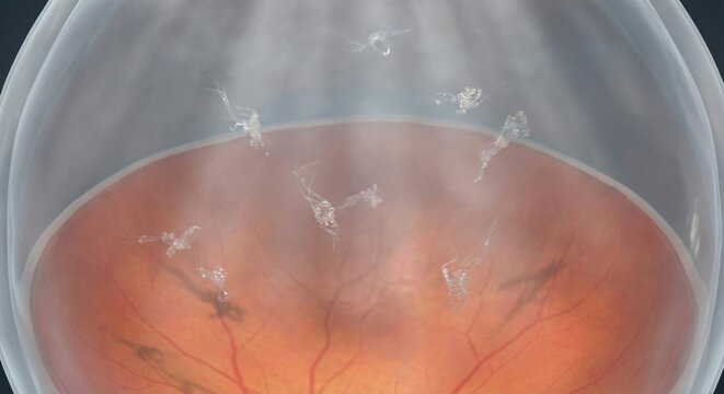 3D rendering of vitreous floaters casting shadows on the retina