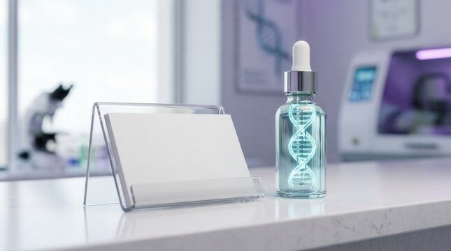 DNA serum bottle and blank card in futuristic clinic