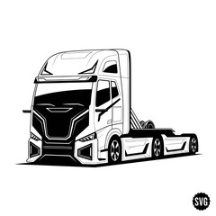 Modern Semi Truck Cab Line Art Illustration Black and White