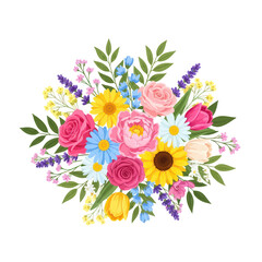 Vibrant Spring Garden Bouquet: Roses, Tulips, Sunflowers, Daisies, Lavender