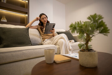Obraz premium Asian woman working remotely on tablet at home