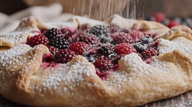 Slow cinematic push-in on rustic berry galette with glistening fruit and golden flaky crust