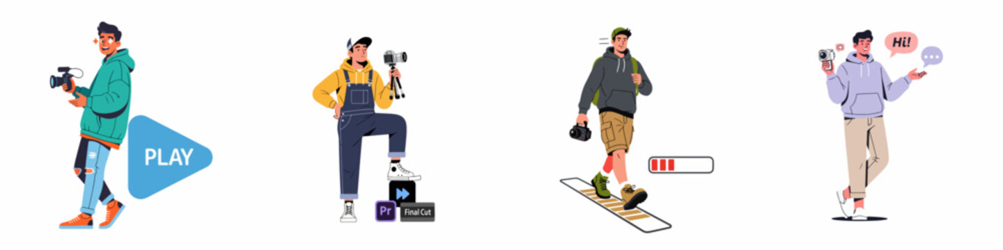 Youthful Content Creators: Illustrating the Journey of Video Production, Editing, Vlogging, and Social Media Engagement.