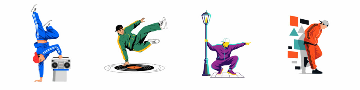 Dynamic street dance and hip-hop culture illustrations featuring diverse urban youth in stylish tracksuits, performing energetic moves with music elements and city backdrops.