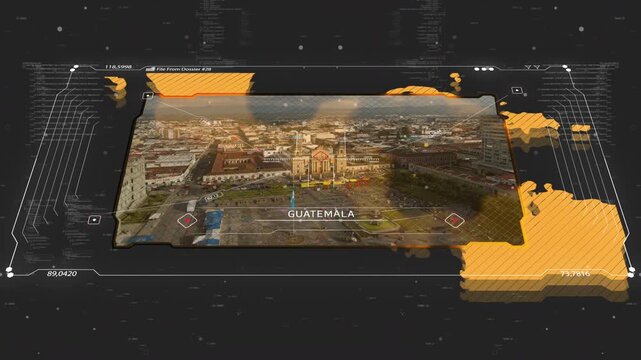 A cinematic intelligence briefing map for piracy. Great for intelligence briefs, secret missions, covert operations.
13 sec clip of a world map of Guetamala. 30fps
4k