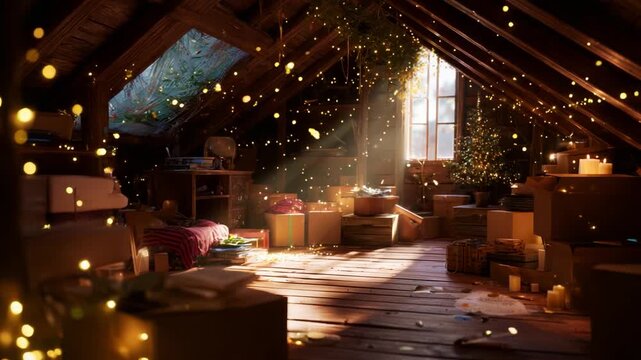 Aesthetic attic decorated with sparkling string lights and gifts, capturing a cozy holiday atmosphere with cinematic motion