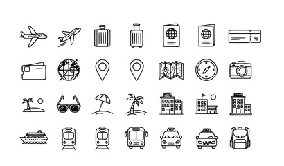 Fototapeta premium Travel and Tourism Line Icon Set with Transportation, Luggage, Maps, Landmarks, Navigation, and Vacation Symbols for Travel Apps, Websites, Guides, and Vector Design
