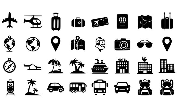 Travel and Tourism Solid Icon Set with Airplane, Luggage, Passport, Maps, Navigation Pins, Hotels, Transportation, and Vacation Symbols for Apps, Websites, and Vector Design