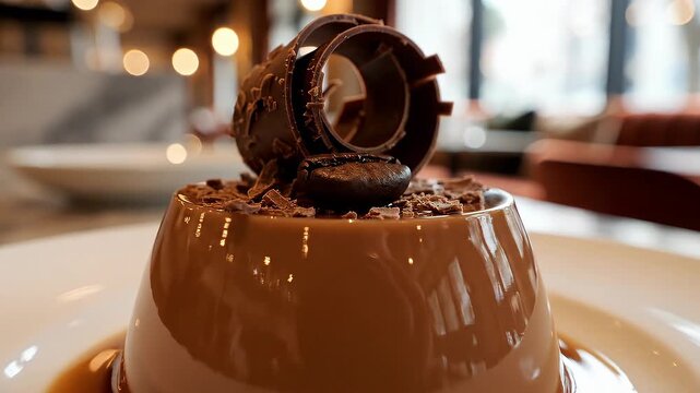 Slow Macro Push-in on Creamy Espresso Panna Cotta with Chocolate Shavings and Coffee Bean in High-End Caf&eacute;