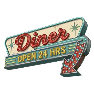 retro neon diner open 24 hours sign vector illustration