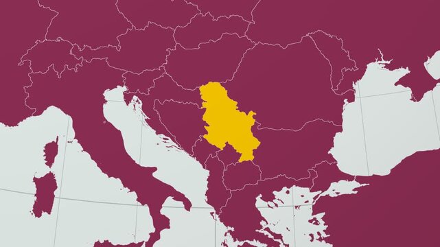 Serbia map. Animated zoom into the country on the Globe in Pale Mint Dark Pink color palette. Country logo animation with round text and airplanes. Map with meridians, parallels. Modern video.