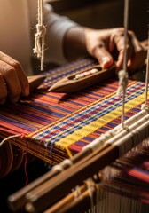 Close-up of hands weaving colorful textile on traditional loom. Cultural craftsmanship scene highlighting heritage skills, handmade production, slow fashion, and artisan economy