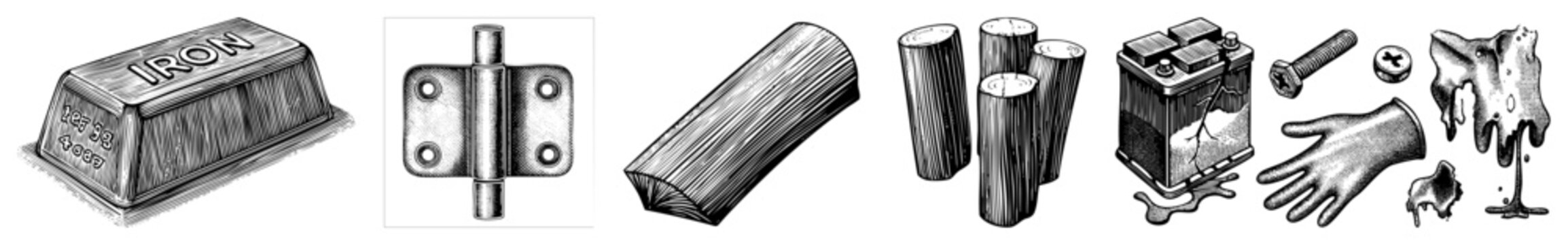 Vector illustration of industrial objects iron bar, door hinge, timber logs, corroded battery, protective glove, and acid spill. Technical engineering and safety gear.
