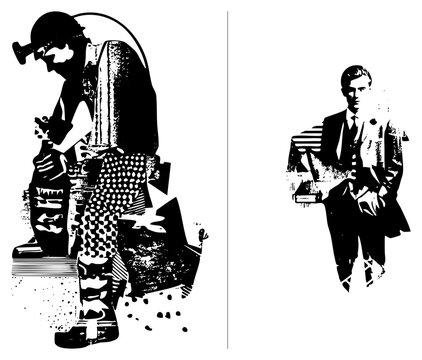Laborer in helmet mining coal beside suited executive holding briefcase, stark black and white halftone style, industrial vs corporate contrast, graphic vector art.