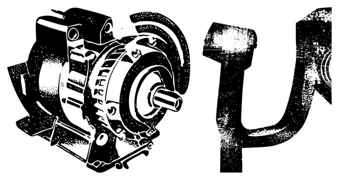 Vector illustration of electric motor with coupling, shaft, and housing, halftone texture, mechanical engineering component, industrial machinery part.