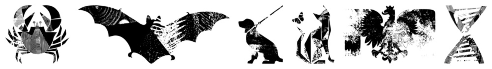 Obraz premium Bat, crab, dog, cat, eagle, hourglass stylized black vector with halftone textures, graphic design elements, isolated foregrounds, modern minimalism.