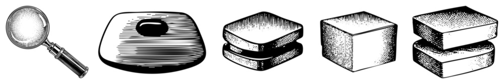 Halftone vector featuring magnifying glass, bread cover, and stacked cubes, classic art style,, graphic design elements.