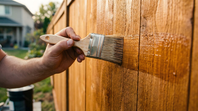 Person painting or staining wooden fence panels outdoors in residential neighborhood with brush for home improvement project