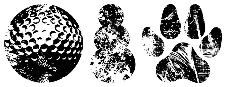 Grungy vector of golf ball dimples, stacked snowman, and paw print with distressed texture,, isolated symbols.