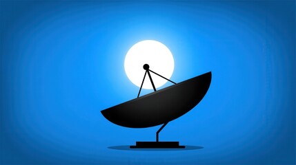 Black satellite dish with sun illustration on blue backdrop