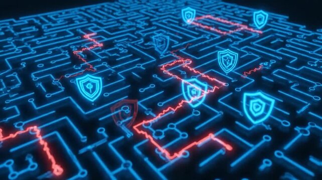 Futuristic, circuit-board style maze with a red path, glowing shields, and a digital aesthetic