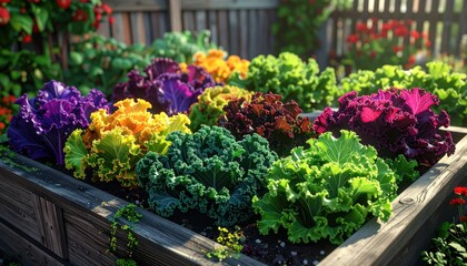 Fototapeta premium Colorful Ornamental Cabbage and Kale in a Raised Garden Bed.