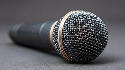 Close up of a professional microphone on a grey background