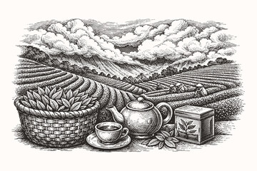 Vintage engraving line art vector illustration of tea plantation landscape with teapot and cup, detailed black and white agricultural sketch scene © Chairul