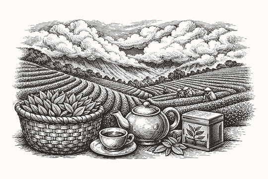 Vintage engraving line art vector illustration of tea plantation landscape with teapot and cup, detailed black and white agricultural sketch scene
