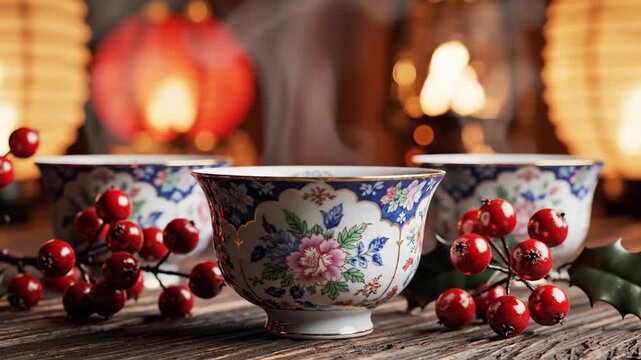 Three ornate ceramic tea bowls with floral patterns steaming on a rustic wooden table, flanked by red berries and holly leaves with glowing lanterns in a blurred background.