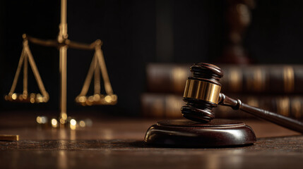 golden scales of justice with judge gavel on lawyer desk representing legal system law court proceedings balance fairness and legal profession office environment