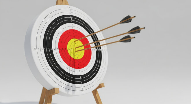 Precision Archery Target Practice Achieving Goals with Arrows Hitting Bullseye on Stand Against White Backdrop Demonstrating Accuracy and Skill in Sport Competition