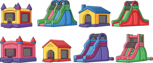 Colorful inflatable bouncy castle and slide set for kids party playground, cartoon bounce house collection isolated on white background vector illustration © SreeShontusChandra