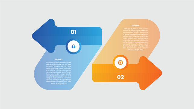 2 points comparison versus infographic with gradient style with skew and tilt box with arrow opposite upside down with 2 elements stages