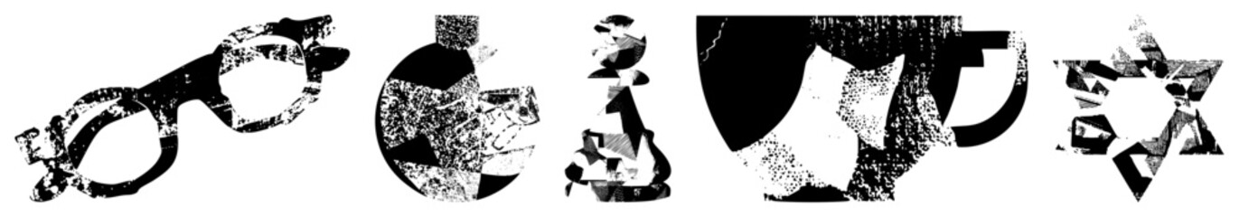 Fragmented black and white vector, stylized shapes, graphic design elements, digital art, retro print aesthetic, textured vector art.