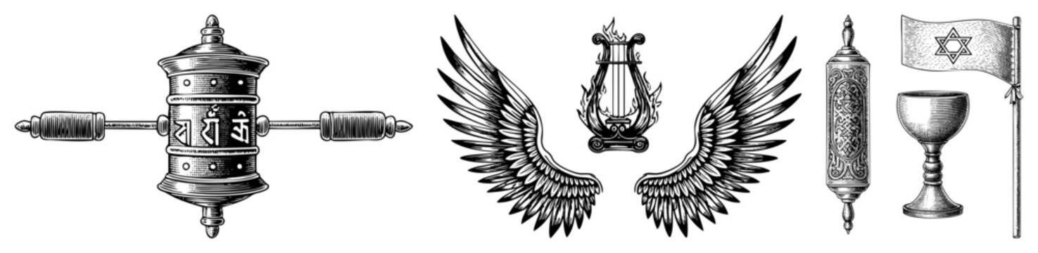 Set of sacred Jewish Torah scroll with Hebrew script, wings framing lyre, ornate shofar, Kiddush cup, and Israeli flag. Vintage engraved style.