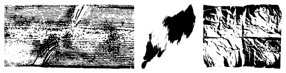 Fototapeta premium Artistic vector textures including halftone grid, brushstroke silhouette, and crumpled foil ideal for design, graphic elements, or UI backgrounds.