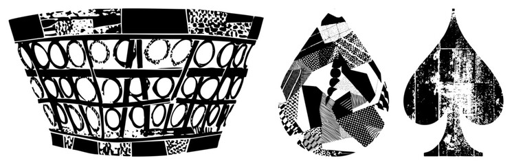 Abstract spade, heart, and club card symbols with fragmented textures, halftone fills, and graphic design motifs, ideal for print or digital.