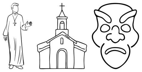 Obraz premium Priest gesturing beside church building, devil mask with horns and frown, religious contrast, spiritual vs. demonic themes, illustration.