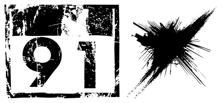 Distressed number 91 in gritty frame, ink splatter burst, vector art, urban design element, stencil style, bold typography, graphic overlay.