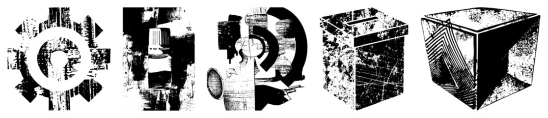Obraz premium Vector featuring gears, bottles, microphones, boxes with textured, halftone shading, design, graphic elements for UI or branding.