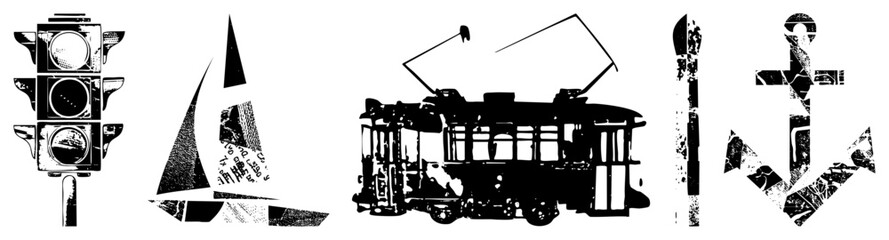 Obraz premium Set of five retro styled vector traffic, sailboat, tram, ski pole, anchor. Halftone texture,, isolated foreground elements. Urban, maritime, winter, transit, nautical themes.