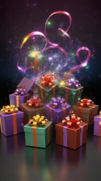 Magical Floating Gift Boxes with Sparkling Ribbons Generative AI