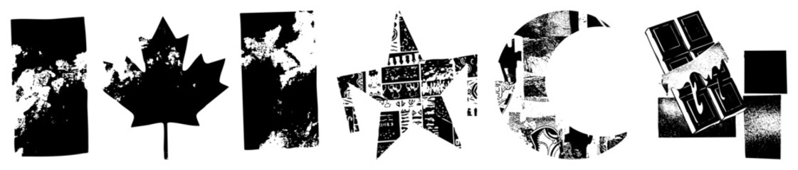 Naklejka premium Stylized typography spelling “CANADA” using maple leaf, star, and chocolate bar motifs, vector art, textured collage style, national.