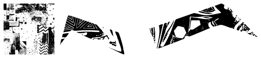Obraz premium Stylized fragmented shapes with tribal motifs, black and white vector art, graphic design elements, modern abstract composition.