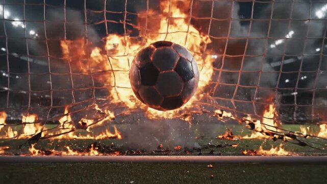 Cinematic slow motion capture of a blazing soccer ball hitting the goal net with intense orange fire and flames, dramatic sports action featuring burning equipment in high resolution footage.