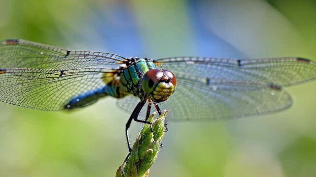 Close-up perspective of a dragonfly resting on a thin plant stem, detailed compound eyes and fine wing structure clearly visible